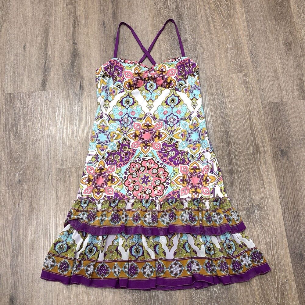 Vintage Nicole Miller Dress Y2K Boho Paisley Scarf Print Ruffle Tiered Size 6